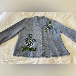 FOCUS | Women’s SZ Large Blue Button Front Embroidered Jacket Blazer | Frayed